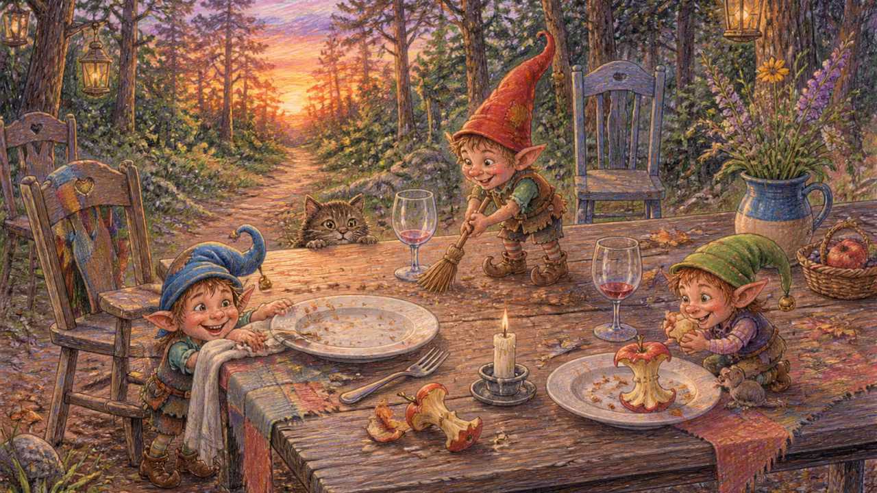Table en bois dans une clairière au crépuscule, deux assiettes vides avec des miettes, deux verres avec les dernières gouttes de vin et un sentier qui s'enfonce dans la forêt