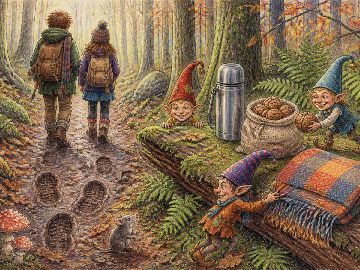Sentier de forêt boueux avec deux paires d'empreintes de bottes côte à côte, une gourde et un petit sac de noix posés sur un tronc tombé