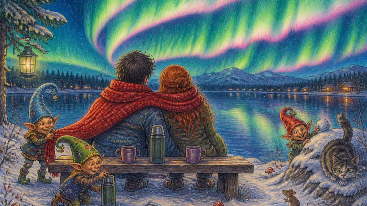 Illustrazione di due persone con una sciarpa condivisa accanto a un lago innevato, con folletti e aurore verdi e rosa nel cielo