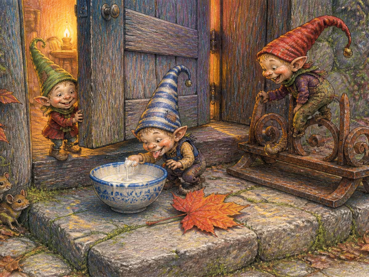 An old wooden cottage doorstep at twilight, a small ceramic bowl of cream half empty on the worn step, autumn leaf next to the bowl, the door slightly ajar with warm light inside