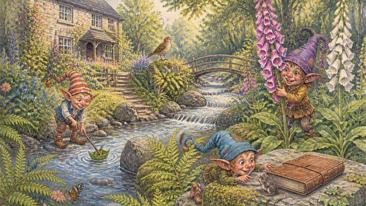 An English Edwardian cottage garden by a small beck stream in summer, tall foxgloves and lush ferns growing on mossy stones near the water, soft golden afternoon light, a small wooden footbridge in the distance