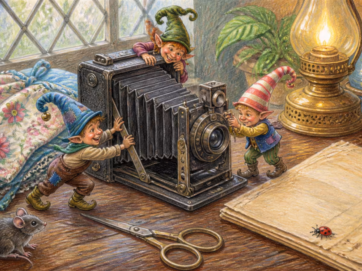 A close-up of a vintage 1920s folding bellows box camera on a worn wooden table, a folded sheet of yellowed paper beside it, brass scissors, soft natural light from a leaded glass window, an oil lamp glowing nearby