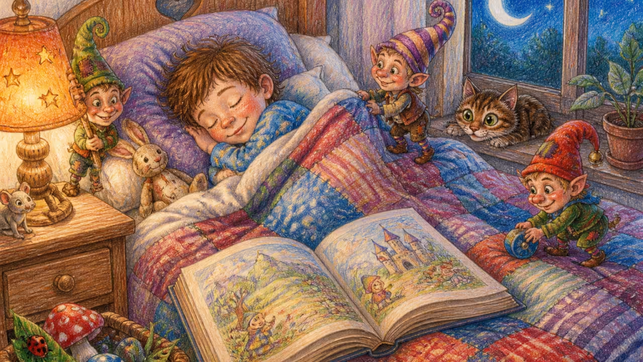 Ein gemütliches Kinderzimmer bei Nacht mit warmer kleiner Lampe, einem aufgeschlagenen Bilderbuch auf der Decke und einem Kind, das langsam wegdämmert