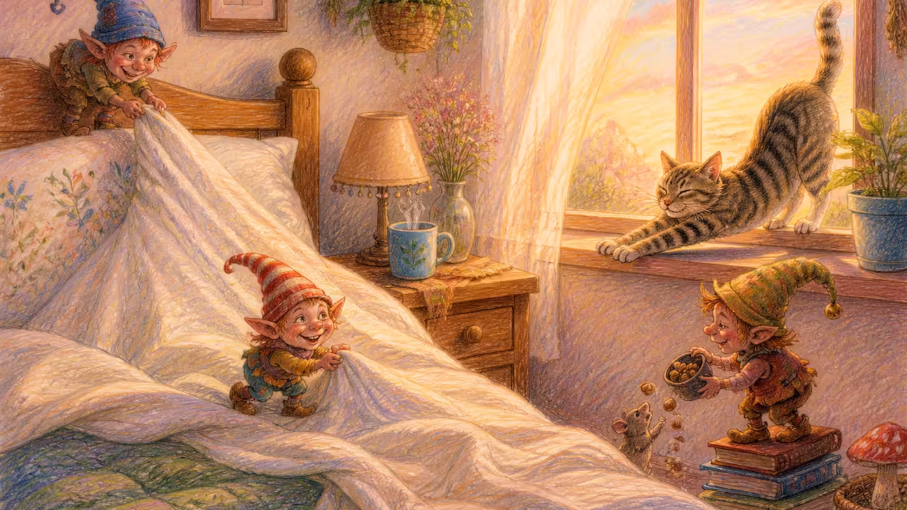 Ein dämmriges Schlafzimmer im ersten Licht, warmes goldenes Morgenlicht fällt durch einen dünnen Vorhang, zerknüllte Decken und eine Katze, die sich auf der Fensterbank streckt