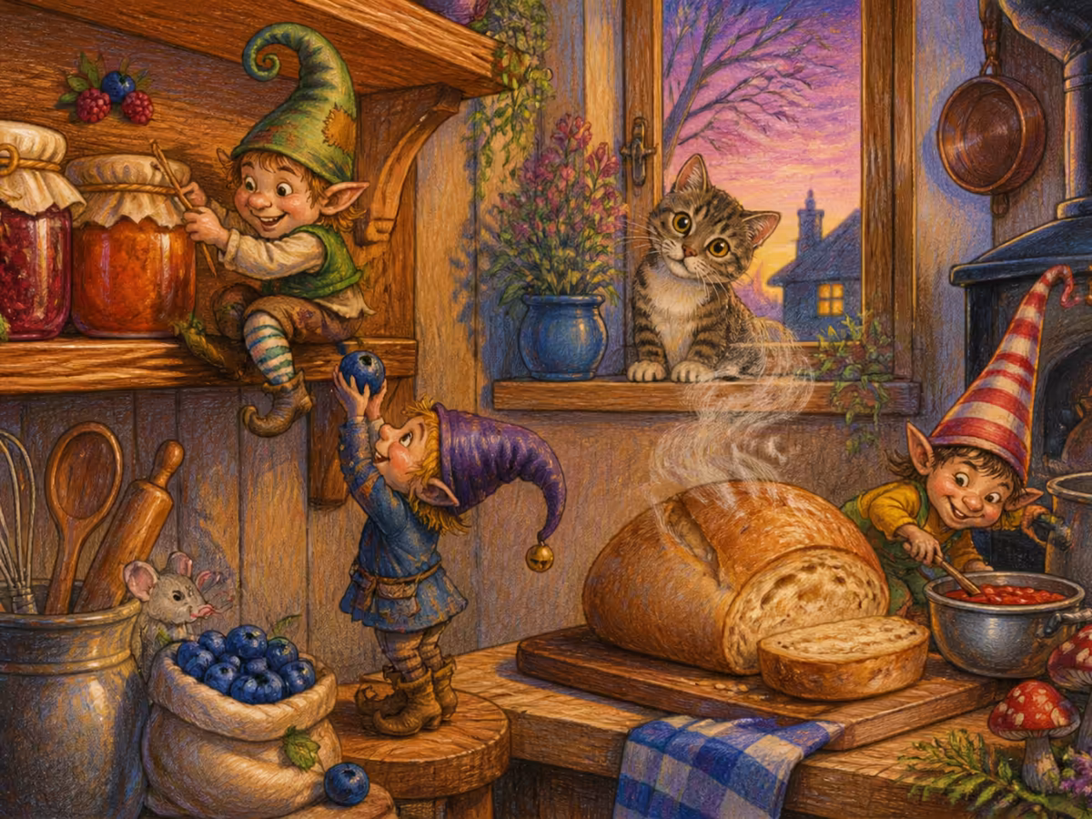 Un lutin domestique assis sur une étagère de cuisine à côté de pots de confiture, du pain frais qui fume sur le plan de travail et un chat curieux qui regarde depuis le rebord de la fenêtre au crépuscule