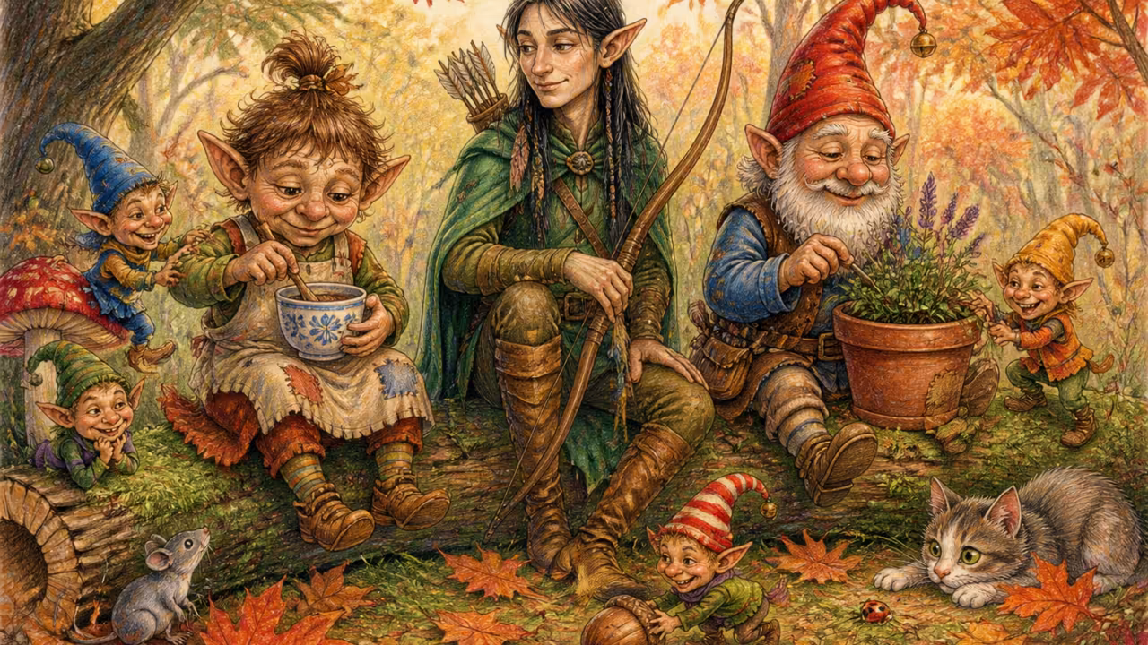 Un lutin, un elfe et un gnome posant ensemble sur une bûche moussue, chacun dans sa tenue caractéristique, dans une forêt automnale au coucher du soleil