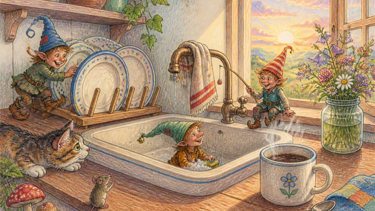 La misma cocina al amanecer con el fregadero vacío y seco, los platos limpios en el escurridor de madera, un paño doblado y una taza de café humeando junto a la ventana