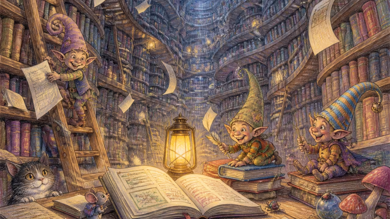 Una biblioteca infinita al anochecer, con estanterías que se pierden en lo alto y páginas sueltas flotando en el aire alrededor de un farolito encendido sobre una mesa