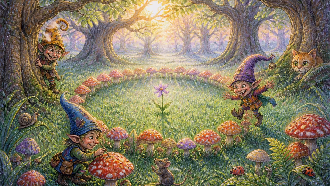 Un cerchio perfetto di funghi in una radura nebbiosa all'alba, con la rugiada sull'erba e antiche querce tutt'intorno