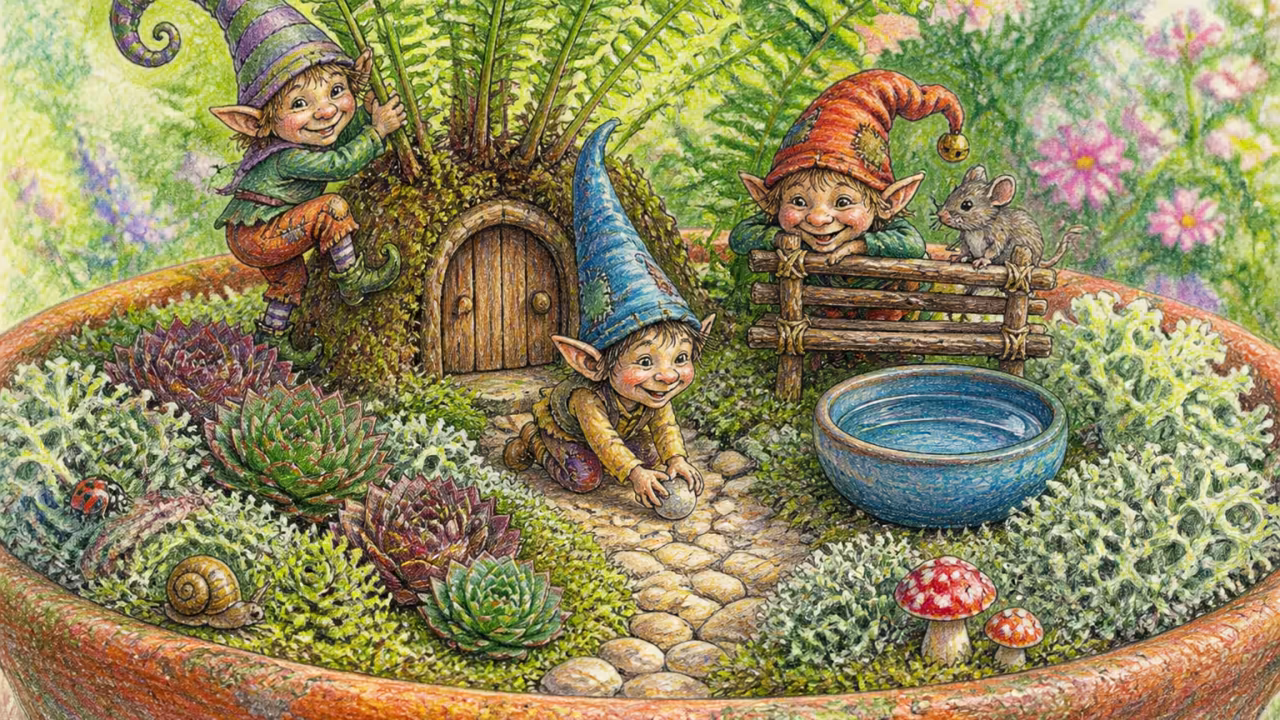 A miniature handcrafted fairy garden inside a moss-covered terracotta pot, tiny wooden door at the base of a small fern, pebble path through miniature houseleek plants, twig bench beside a small ceramic bowl, dappled afternoon sunlight