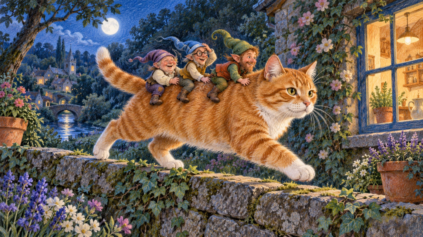 Três Magikitos de chapéus coloridos cavalgam num gato laranja por um muro baixo de jardim sob a luz da lua