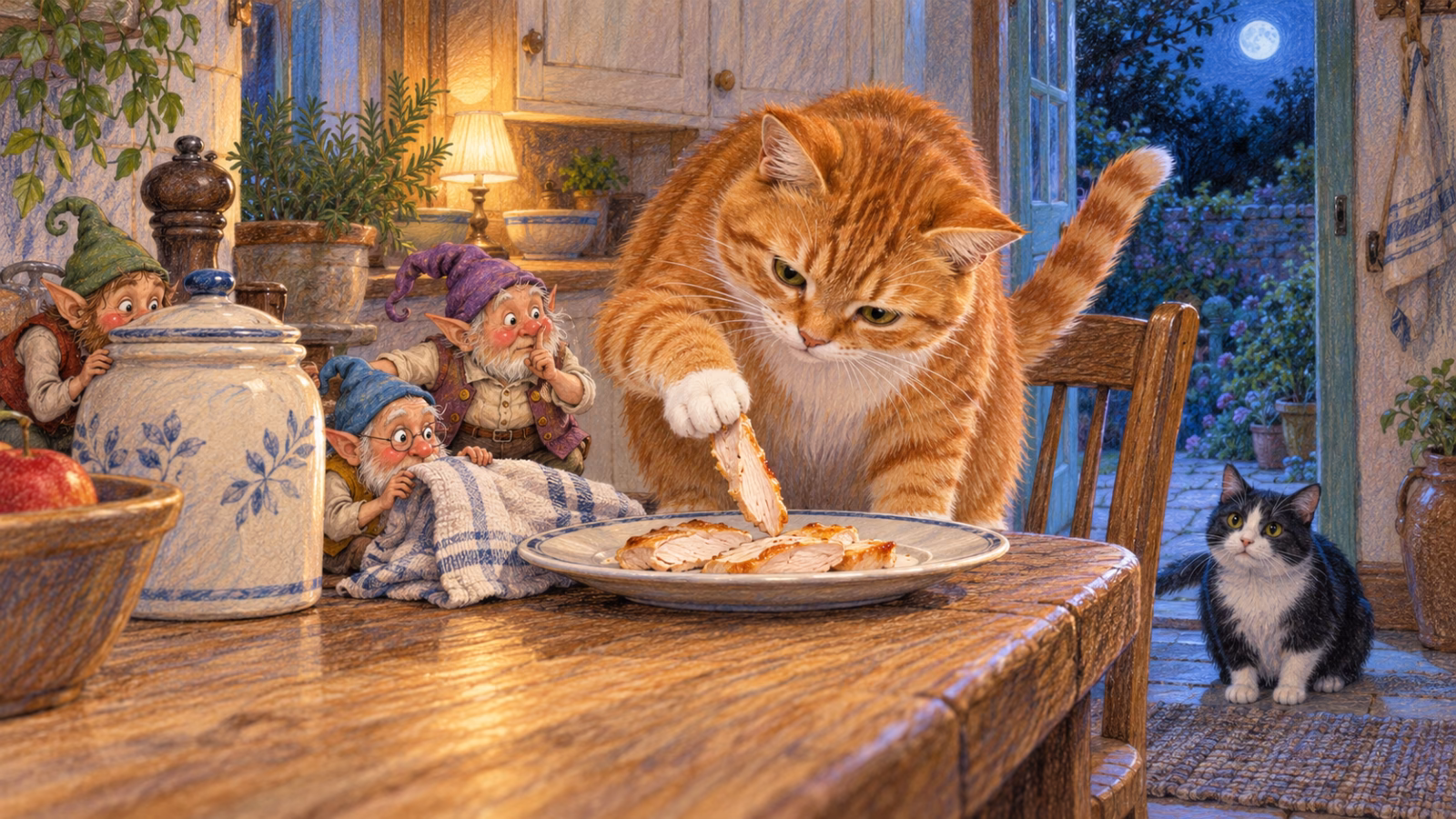 Um gato laranja pega frango de um prato enquanto três duendes o observam escondidos e uma gata preta e branca espera perto da porta