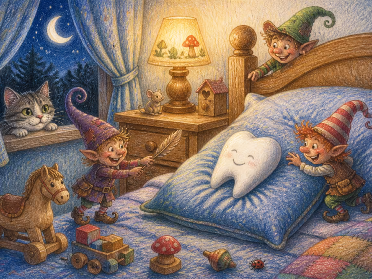 Una cameretta illuminata dal chiaro di luna con un dentino da latte sul cuscino morbido, in attesa della fatina dei denti