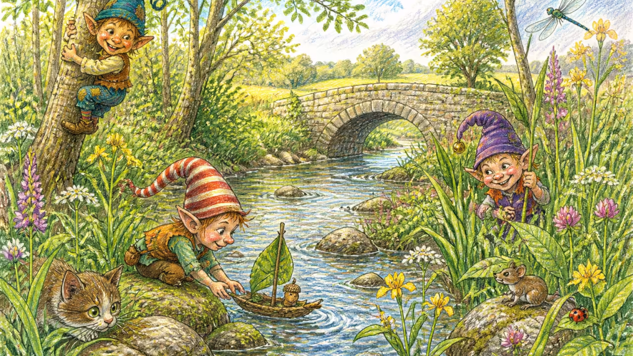 Ein ruhiger Bach fließt durch eine englische Sommerwiese, mit hohen Schilfrohren, Wildblumen und goldenem Nachmittagslicht zwischen den Erlenbäumen