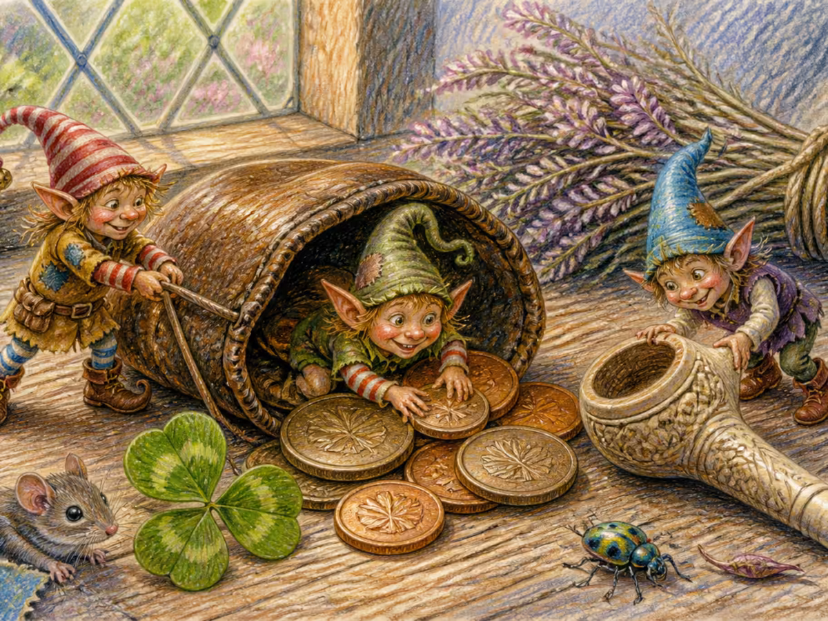 A close-up of an old worn leather pouch open on a worn wooden table, a few burnished bronze and copper coins spilling out, a small clay pipe beside it, a sprig of three-leaf clover, soft warm afternoon light