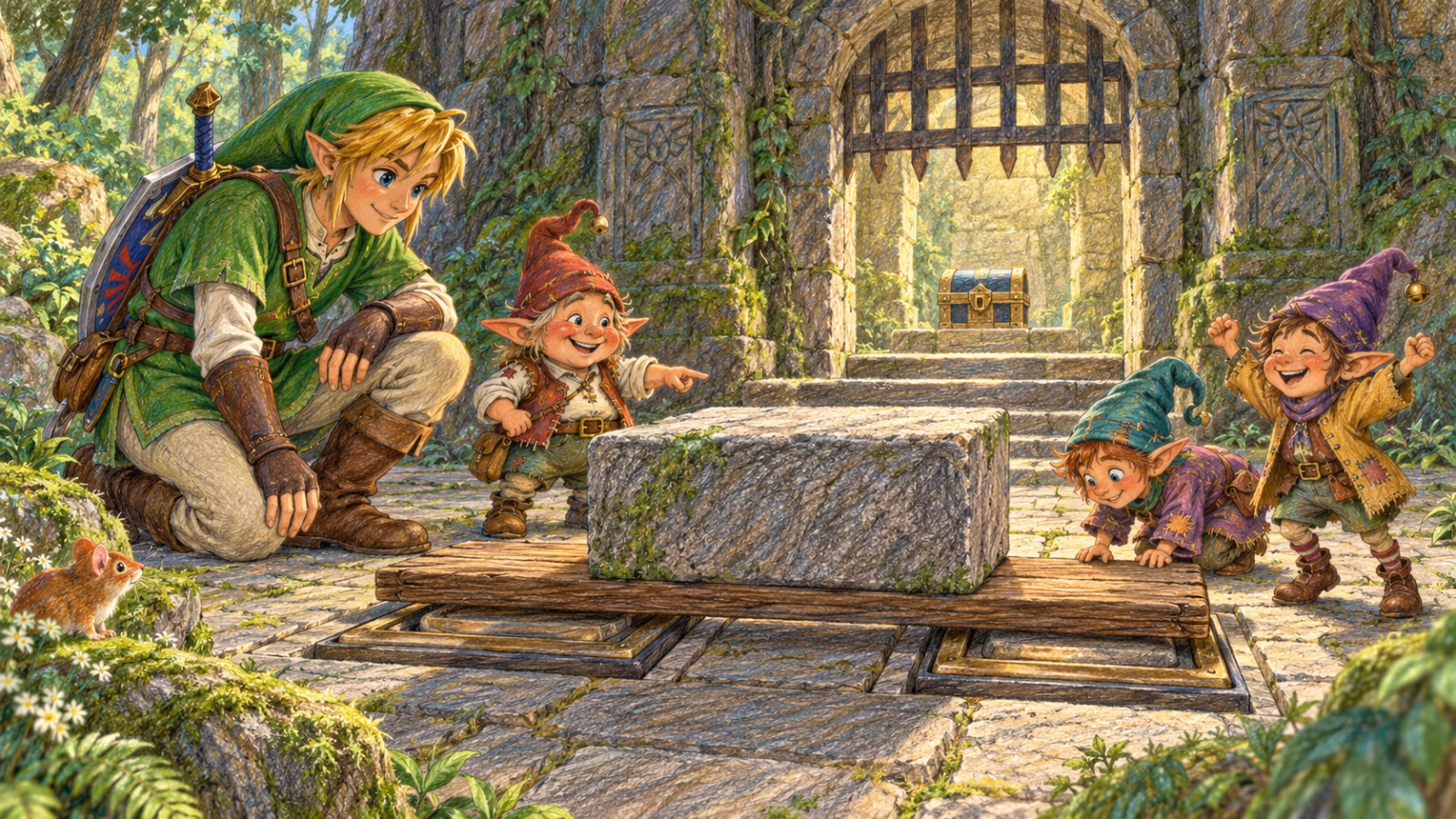 Link e três Magikitos observam um bloco de pedra sobre uma tábua que mantém duas placas pressionadas diante de uma grade aberta