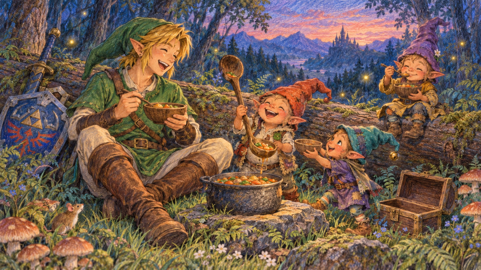 Link divide um ensopado na floresta com três pequenos Magikitos, um deles ergue a grande concha encontrada no baú