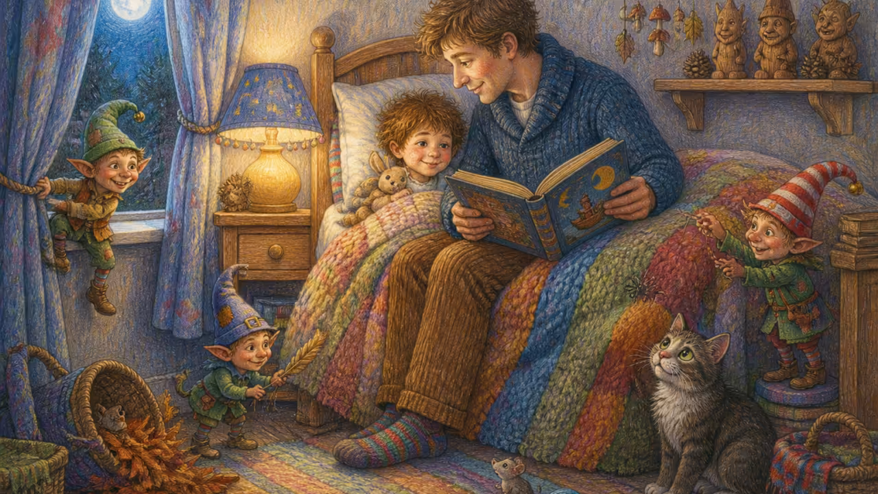 A British child’s bedroom at night, soft lamp light beside the bed, a parent sitting on the edge of the bed with an open illustrated book, a child snuggled under a knitted blanket, a small wooden shelf with three carved figures visible behind