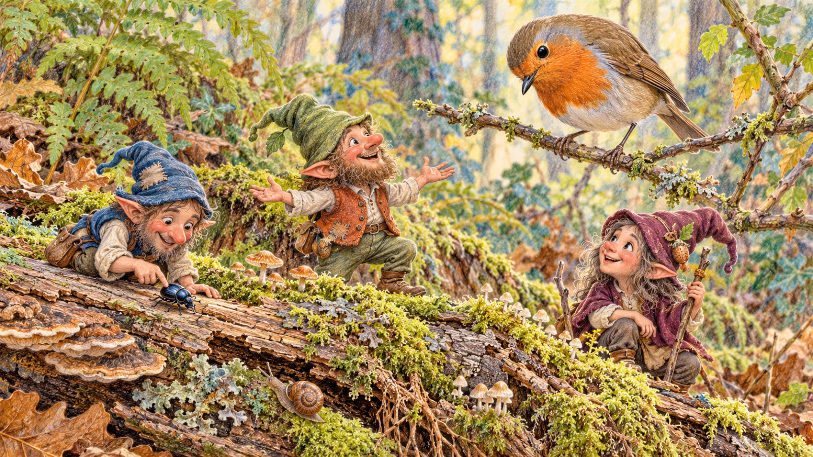 Un petirrojo observa a tres pequeños Magikitos que descubren escarabajos, musgo y hongos alrededor de un tronco caído