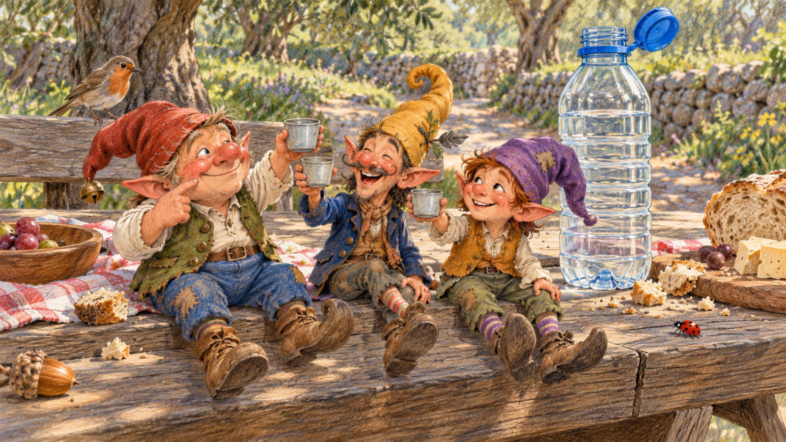 Los tres Magikitos brindan con agua junto a la botella con el tapón todavía unido