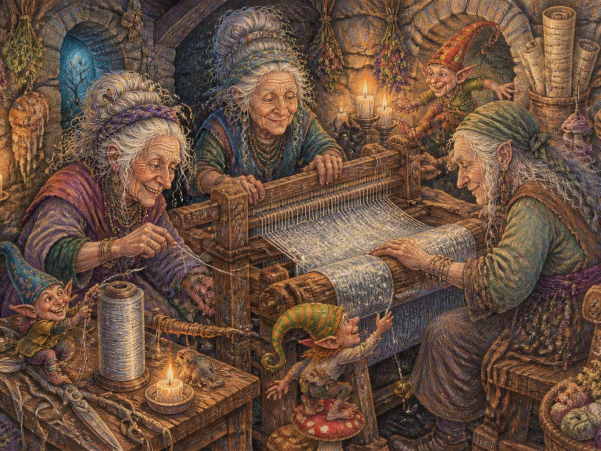 Illustration der römischen Parzen beim Spinnen des Schicksalsfadens