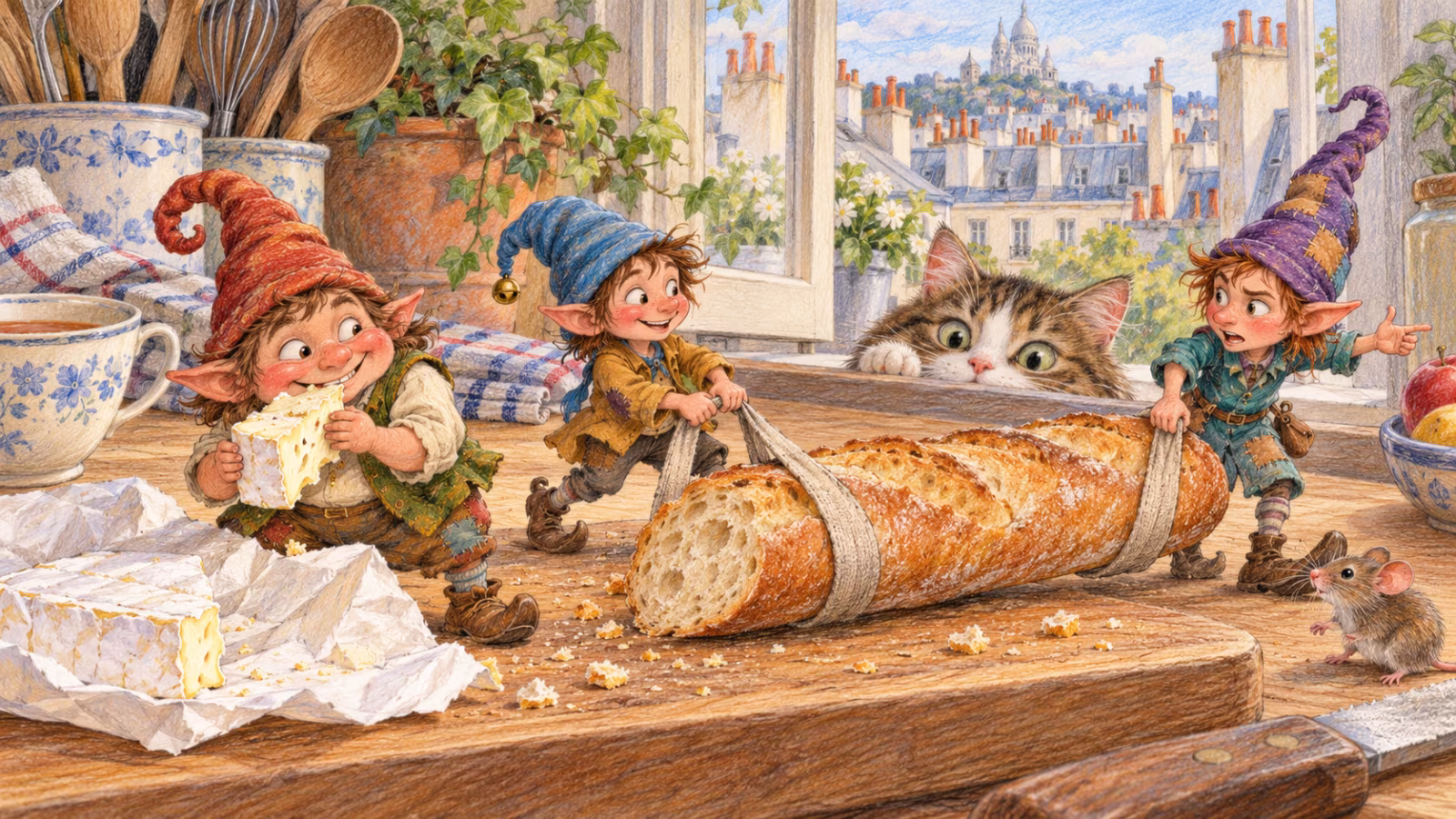 Três Magikitos preparam pão e queijo numa cozinha de Paris enquanto um gato observa