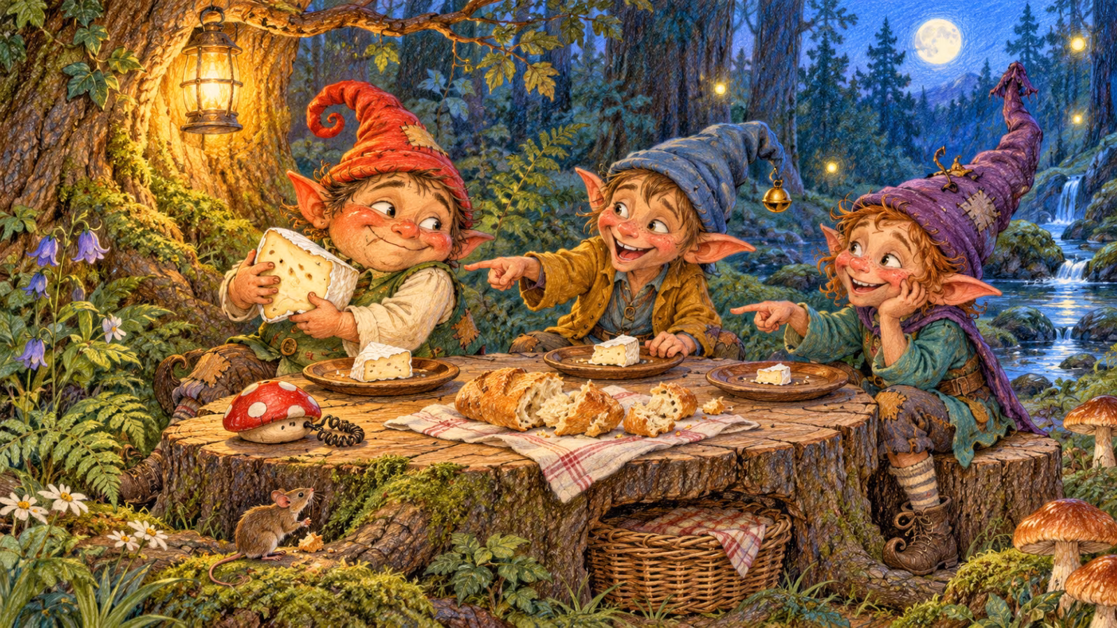 Os Magikitos riem das porções desiguais de queijo durante o jantar na floresta