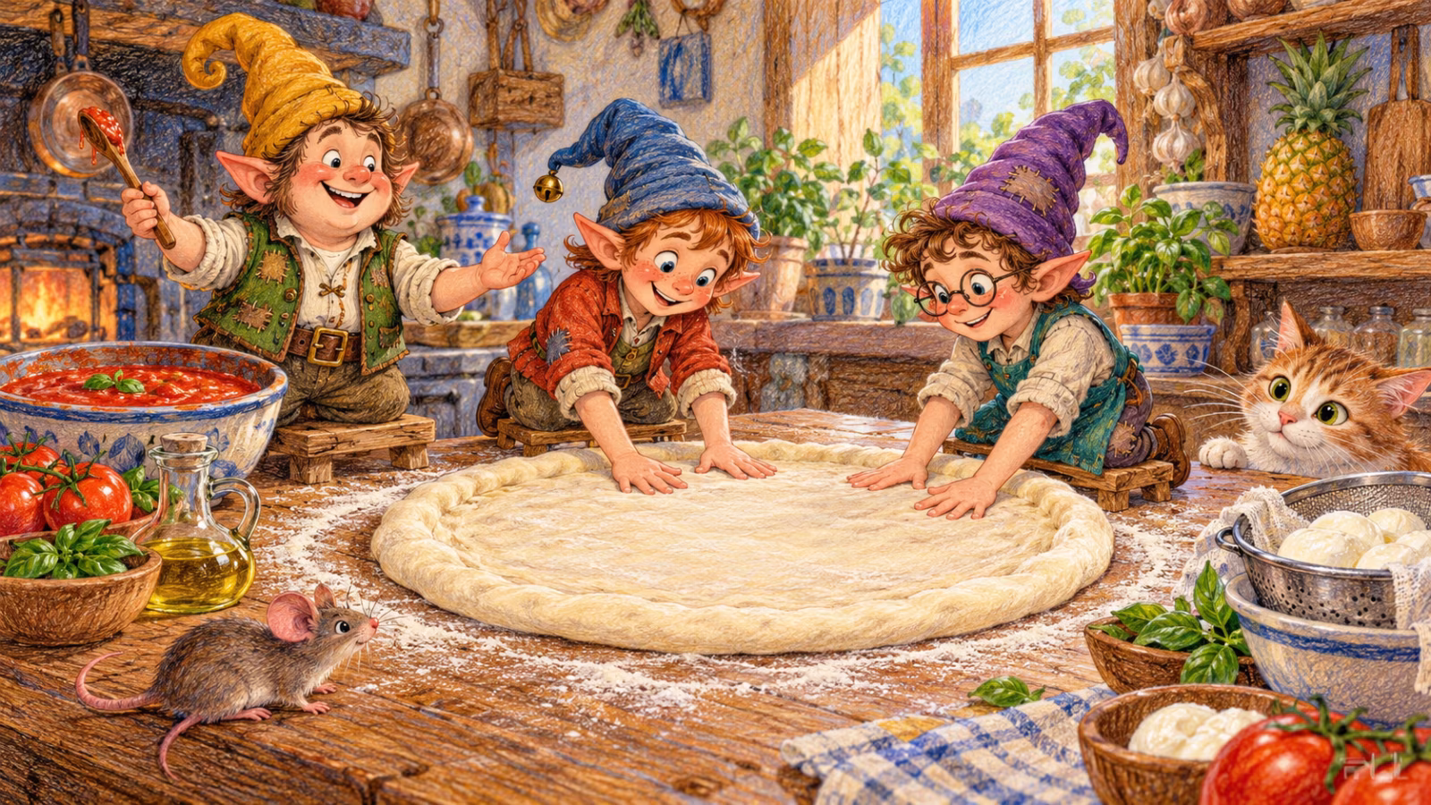 Tres Magikitos estiran una masa de pizza con las manos sin aplastar el borde