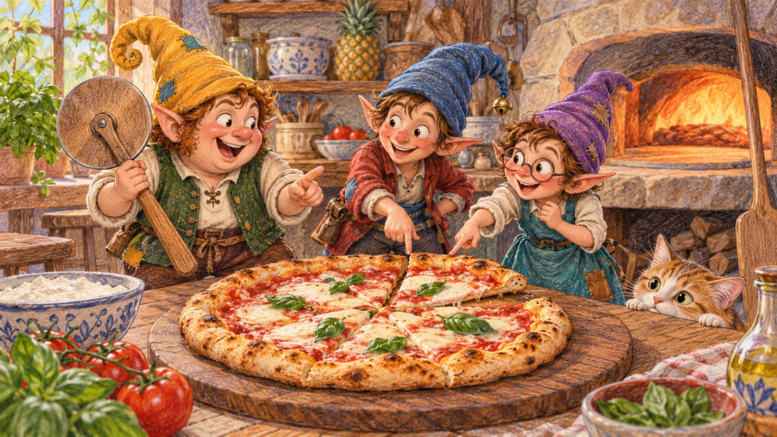 Los Magikitos eligen sus porciones junto a una pizza recién horneada
