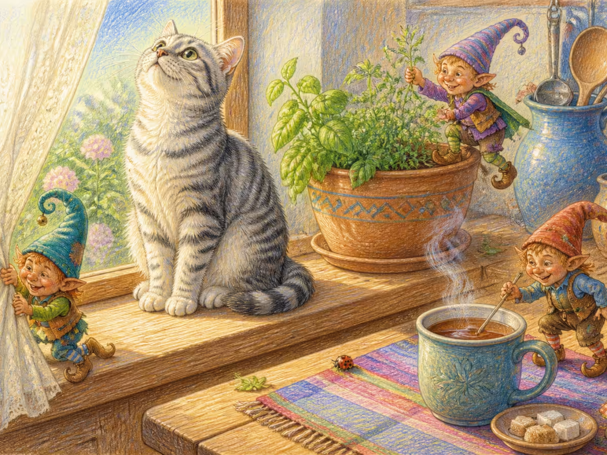 Silbergraue Tabby-Katze sitzt auf einem Holz-Fensterbrett und blickt konzentriert nach oben an die Decke einer hellen Küche