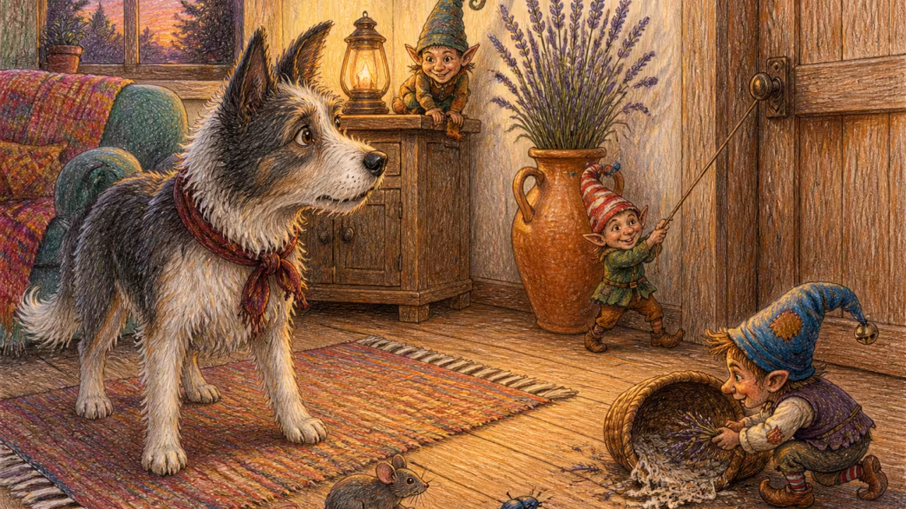 Alter Hirtenhund aufmerksam in einem warm beleuchteten Cottage-Wohnzimmer, starrt auf eine leere Ecke in der Abenddämmerung