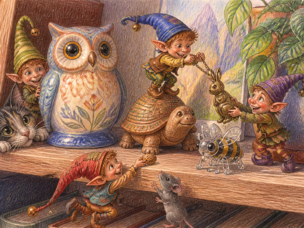Ein gemütliches Regal mit Tierfiguren aus Handarbeit: eine Keramik-Eule, eine kleine Holzschildkröte, eine Glasbiene, ein Messinghasenamulett