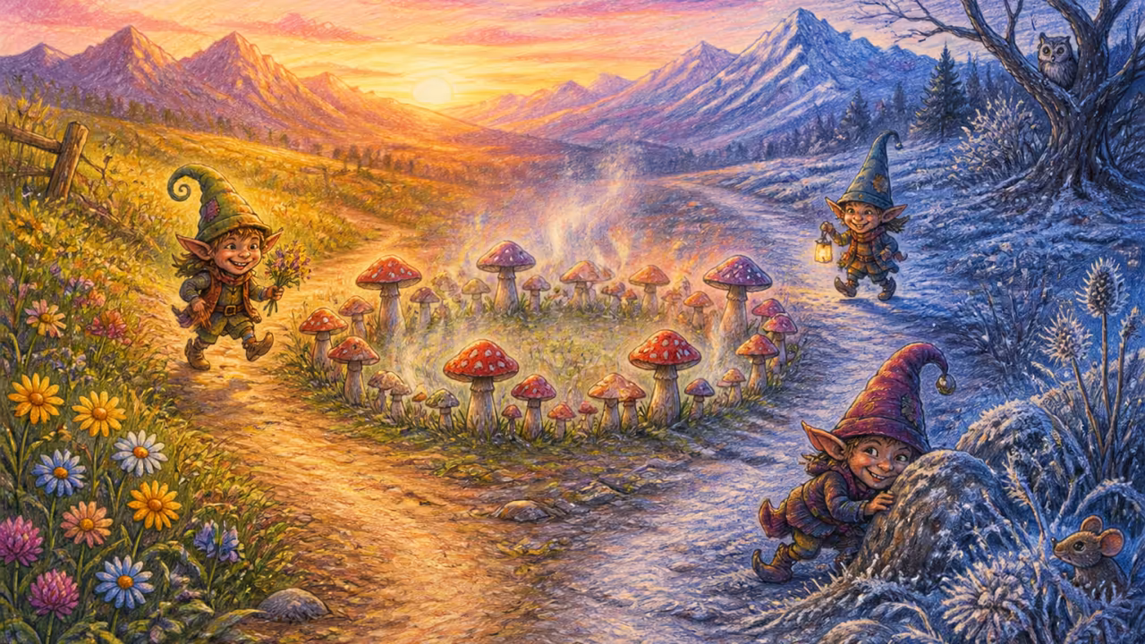 Ein Wildpilzkreis auf einem Hochlandmoor in der Abenddämmerung, ein Weg teilt sich in zwei Richtungen am Rand des Kreises: eine Seite mit goldenen Sommerblumen, die andere mit frostberührtem blauen Gras