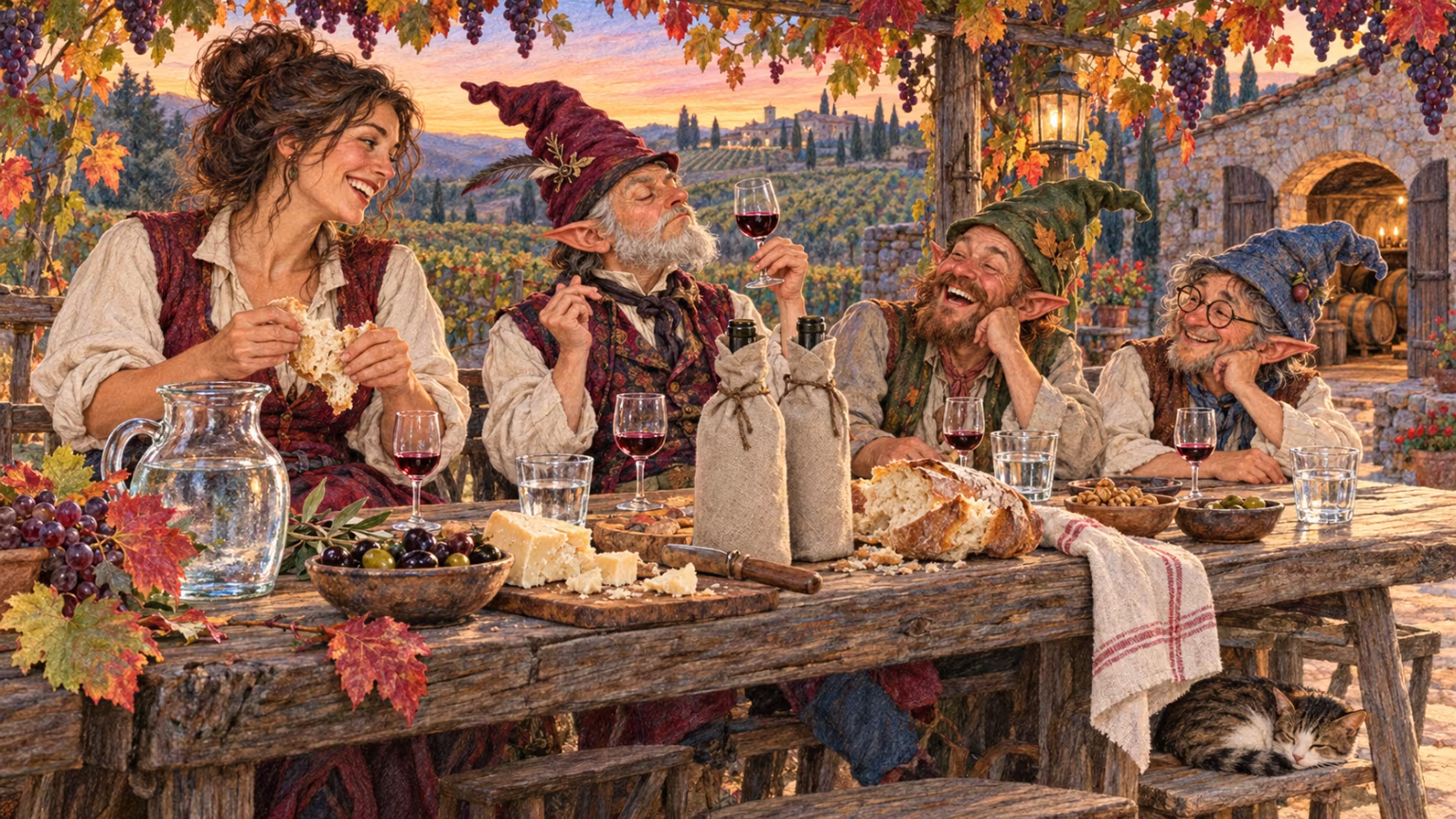 Erwachsene Wichtel und eine Winzerin teilen Brot, Wasser und kleine Weinproben neben verhüllten Flaschen