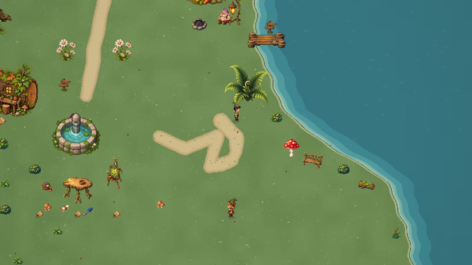 La orilla del lago en el bosque de los Magikitos, con sus casitas y su fuente, vista del juego