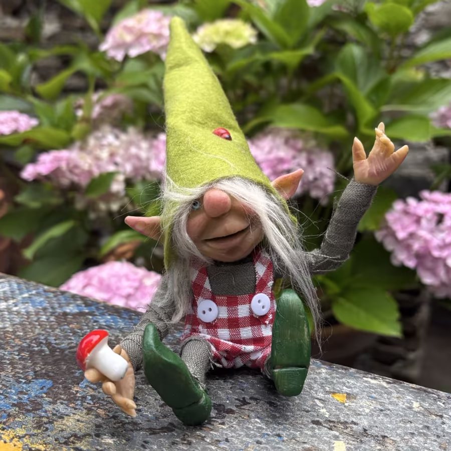 Duende Junto A Ortensias Rosas