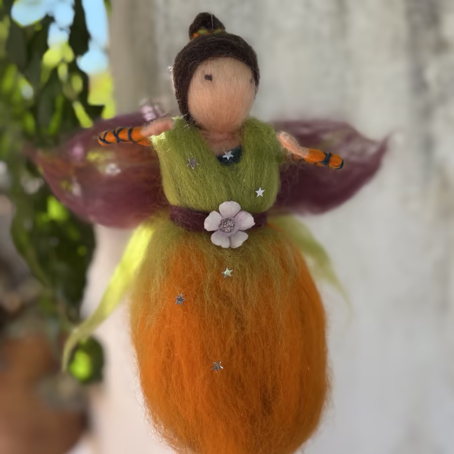 Hada Naranja Y Verde Lana Vellon Con Flor Cinturon