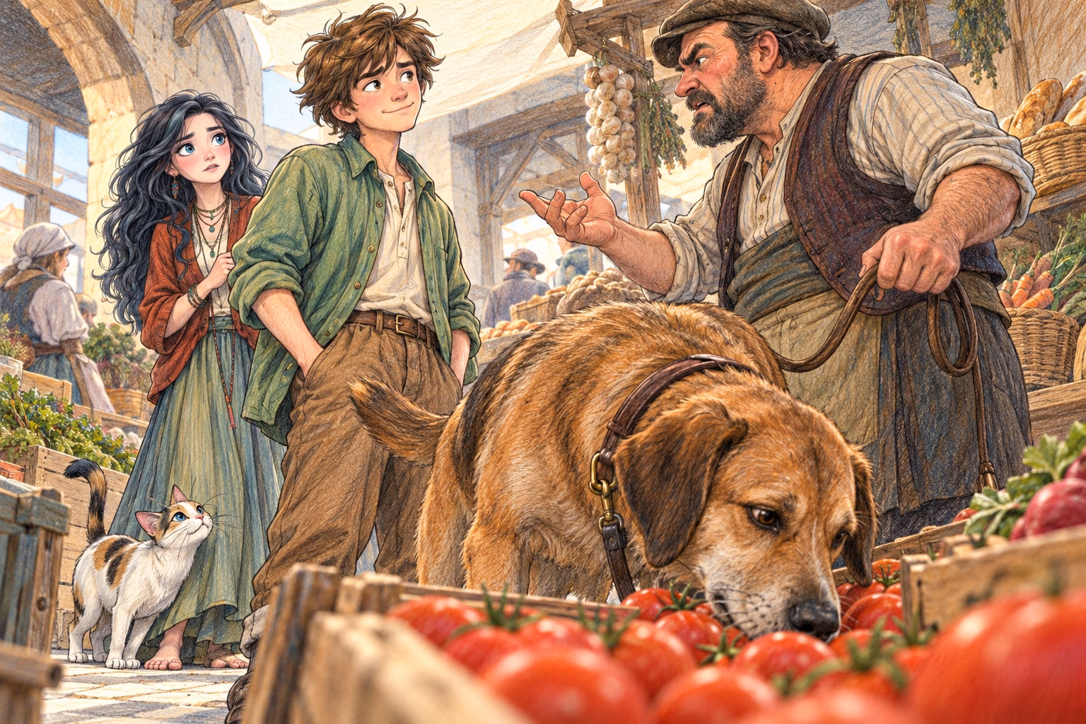 El perro olisquea los tomates mientras su dueño sigue discutiendo con Axel.