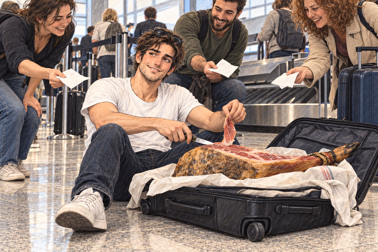 Il giovane dell’auto distribuisce fette di prosciutto ai viaggiatori in aeroporto.
