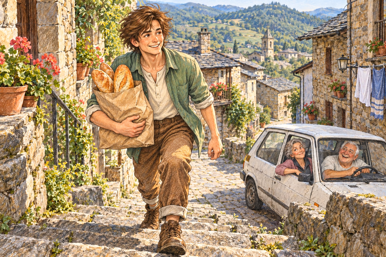 Axel sobe os degraus com um saco de pão enquanto Paco e Hortensia esperam no carro branco.