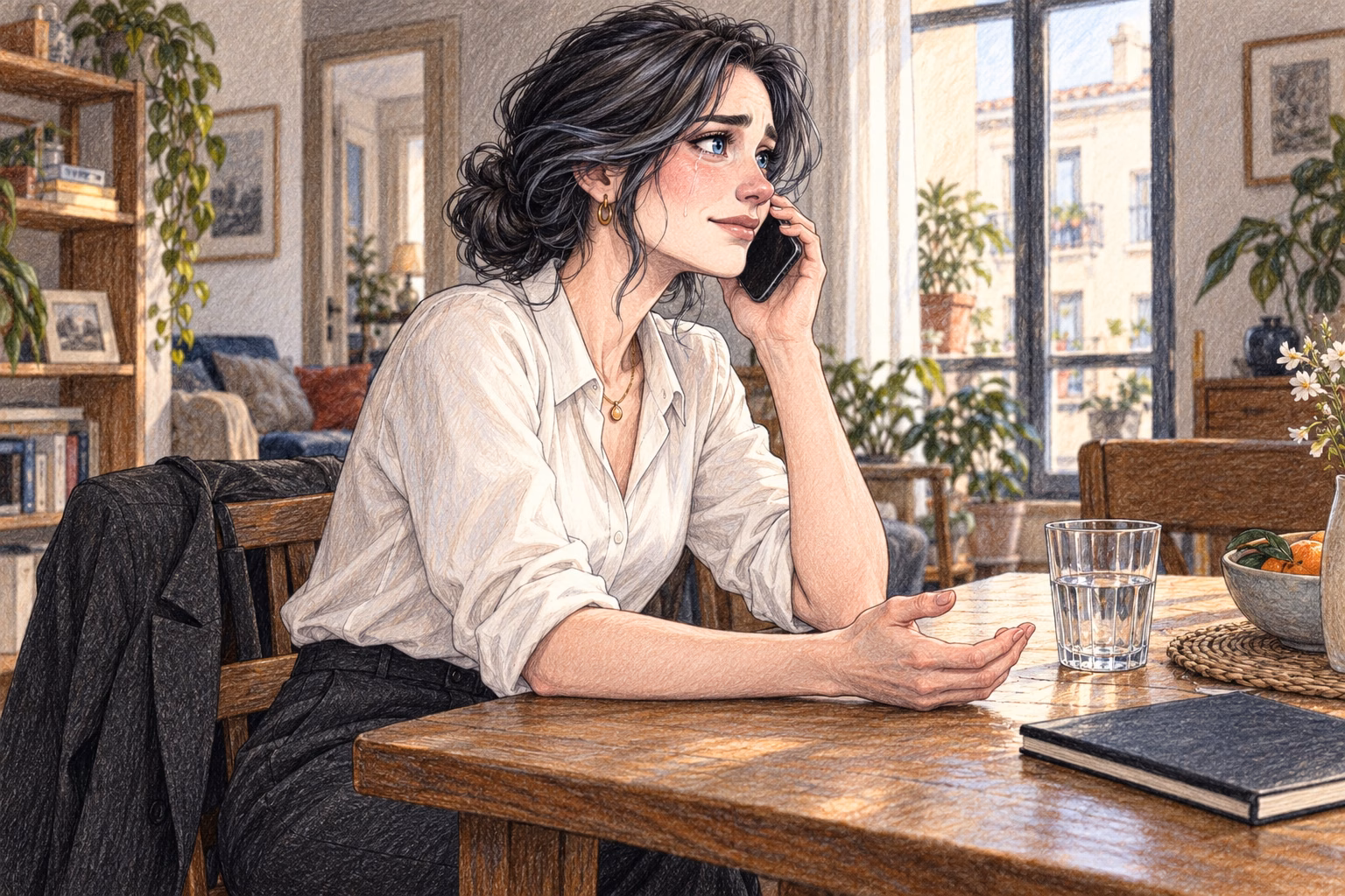 Irene fala ao telefone à mesa do apartamento da família, com lágrimas no rosto.
