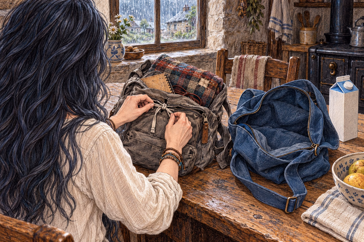 Eva déplie son ancien sac d’école et laisse le sac à dos bleu vide.