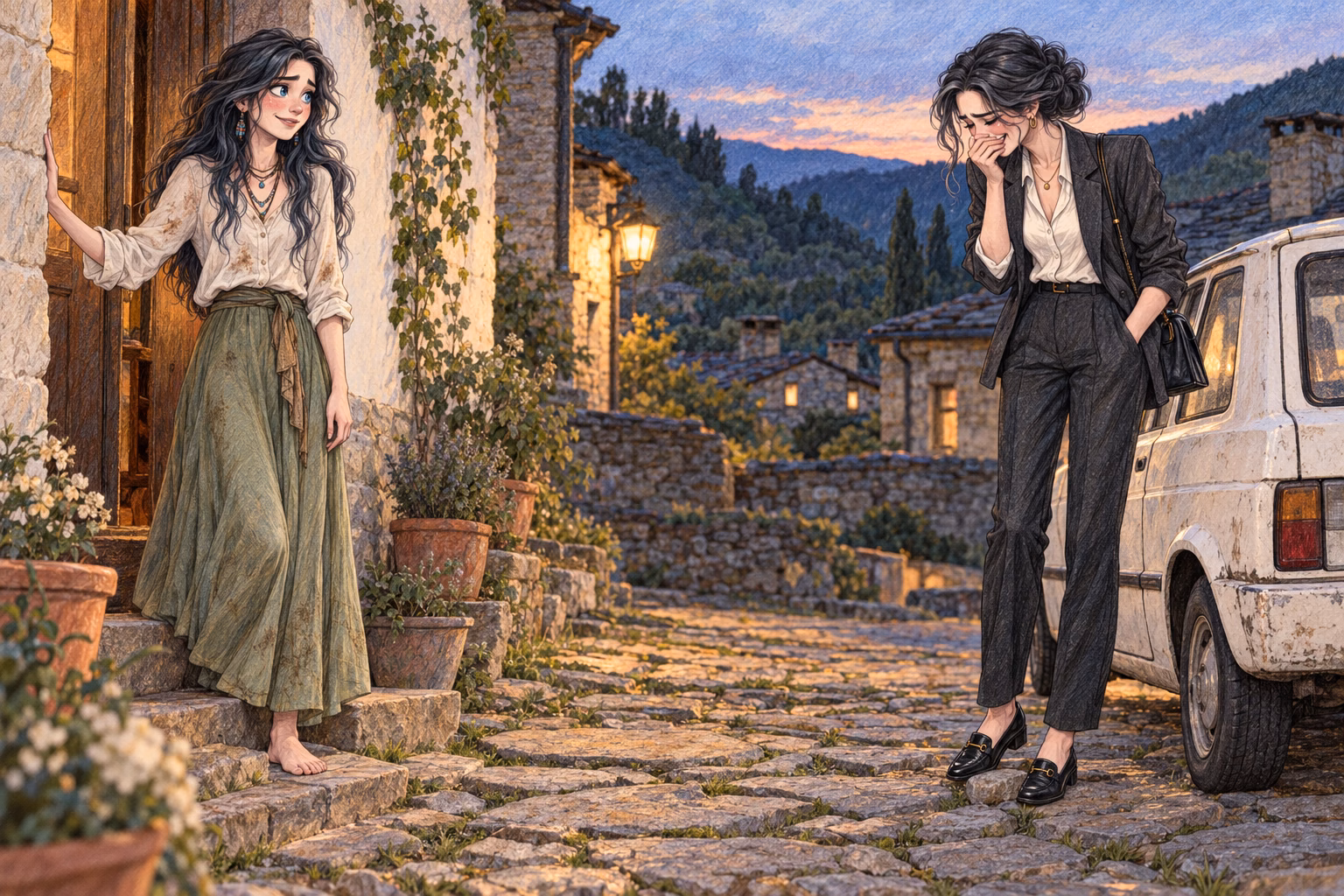 Irene mira sus zapatos y rompe a reír ante Eva, todavía a unos pasos de distancia.