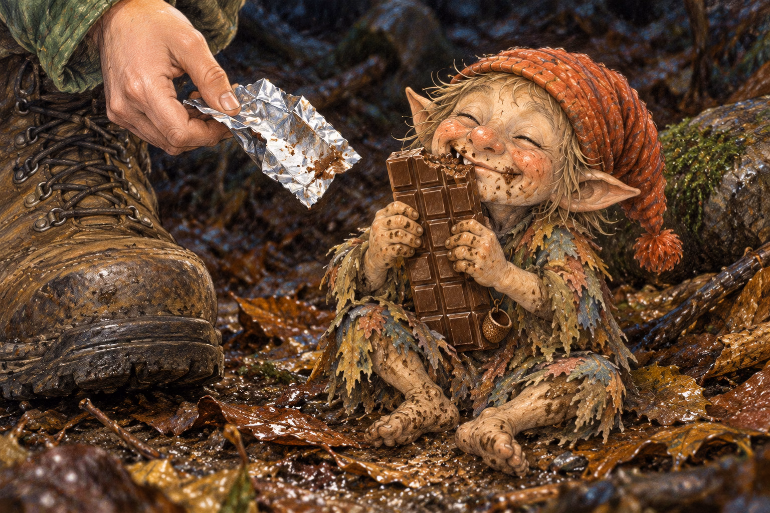 Gorgorito morde a barra de chocolate enquanto Axel ri ao seu lado.