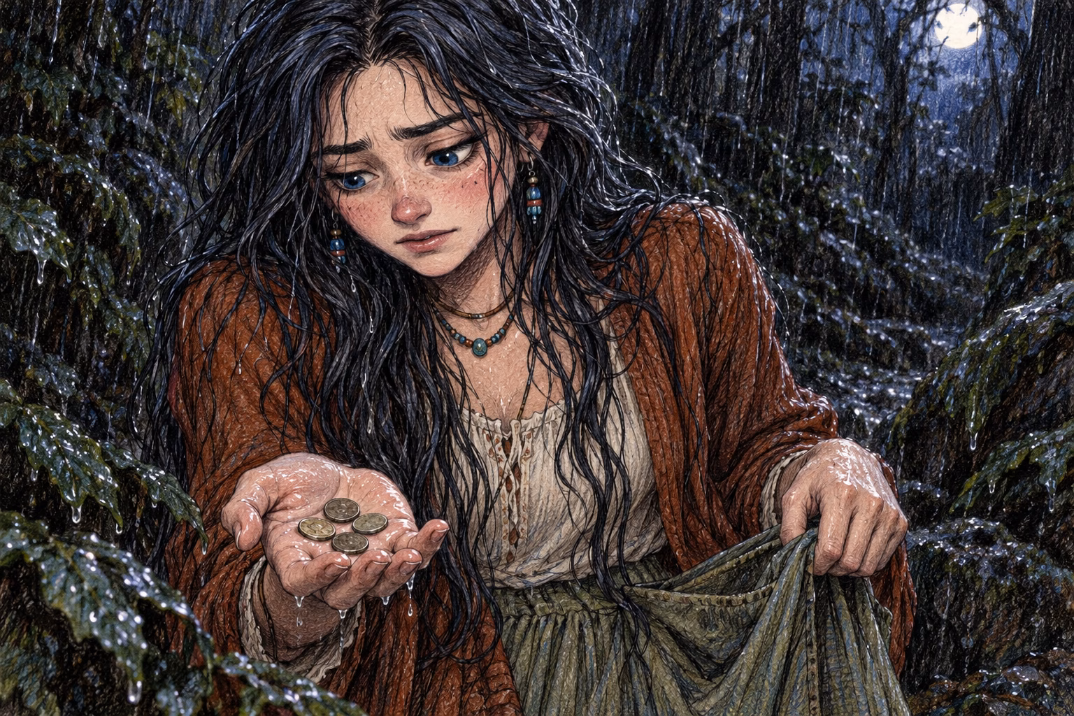 Encharcada e perdida no bosque, Eva olha para as suas quatro moedas.
