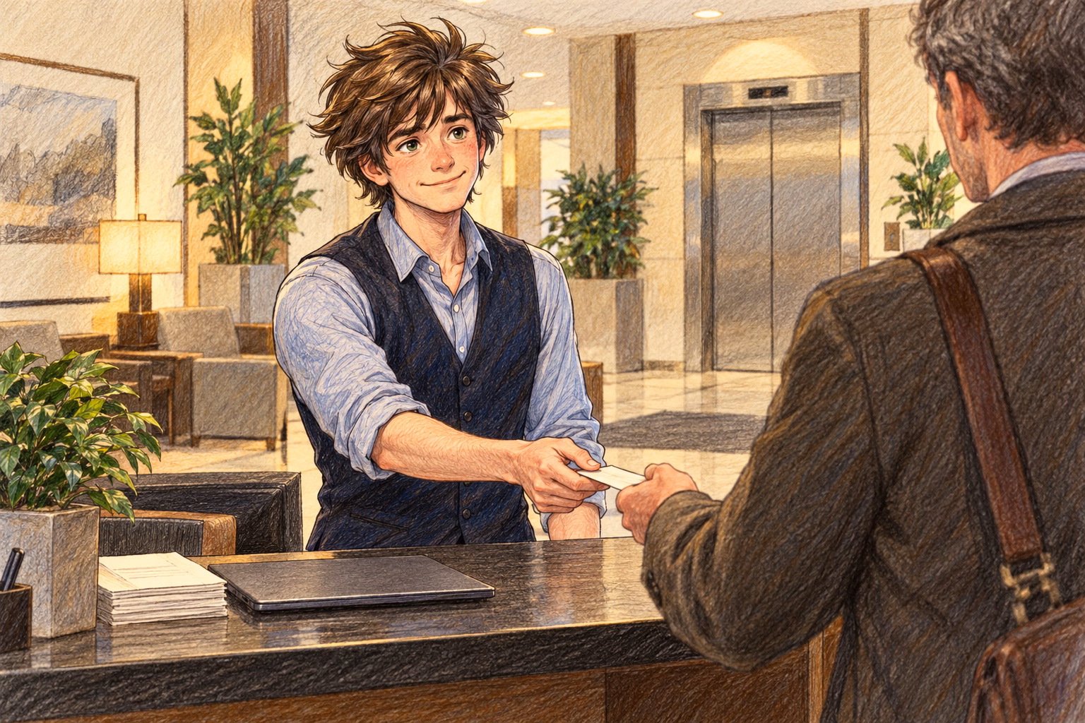 Axel recuerda sus días de recepcionista, entregando una tarjeta a un cliente del hotel.