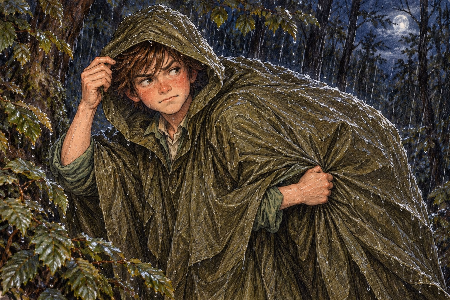 Axel se cobre com a capa, mochila e tudo, quando a chuva aperta.