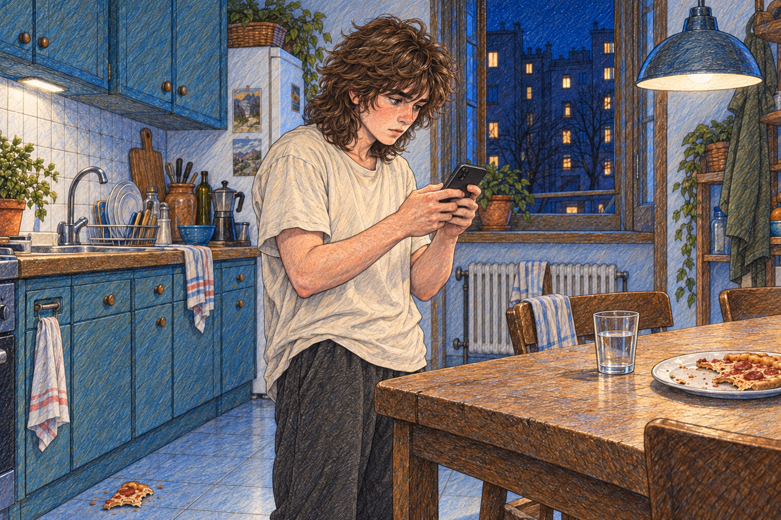 Axel escribe los tres mensajes de pie junto a la mesa de su cocina.