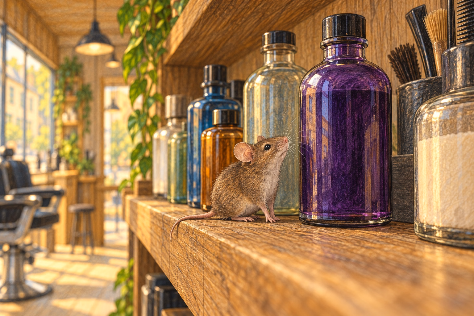 Un ratoncito se detiene junto al frasco violeta de la estantería.