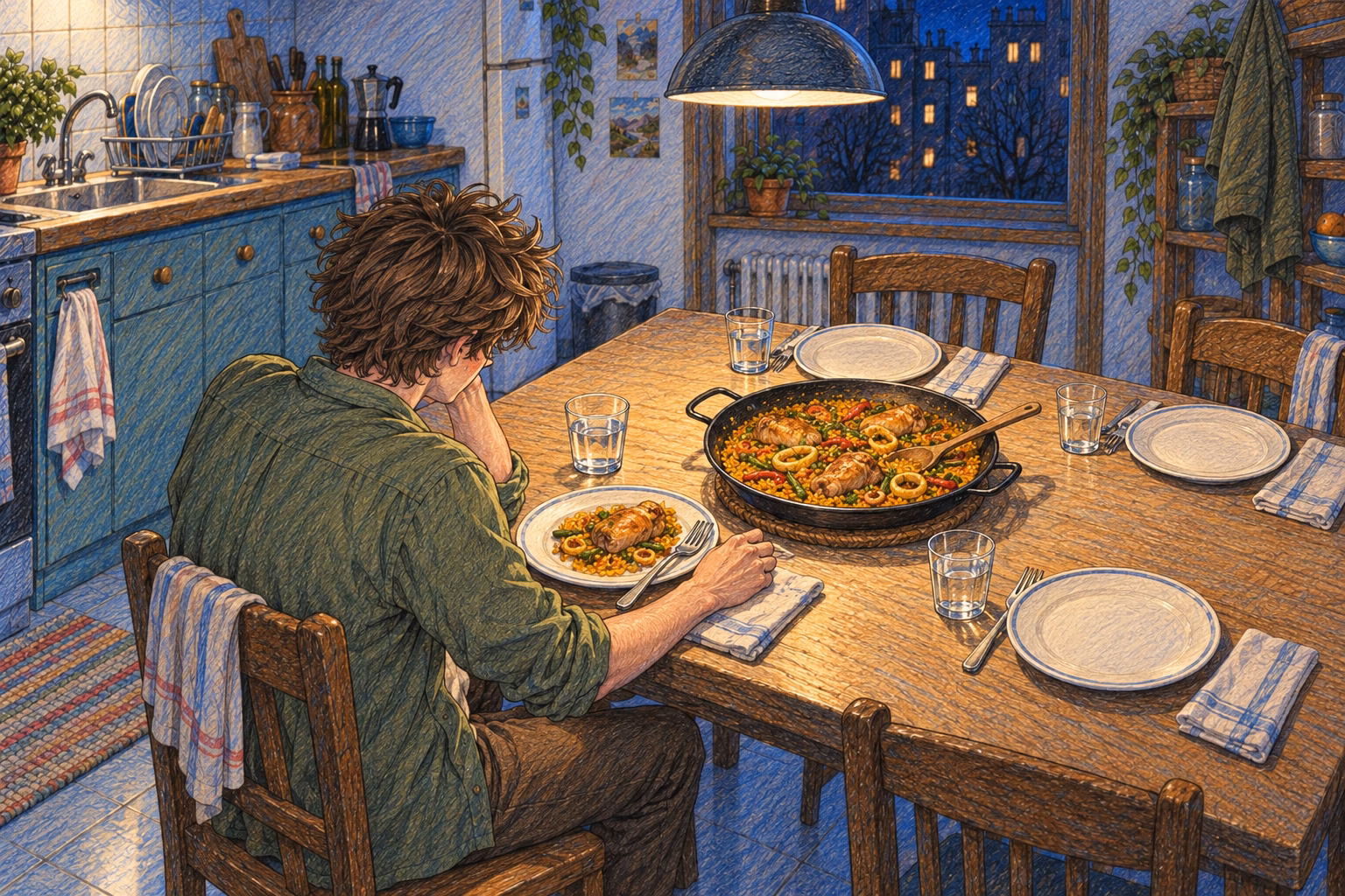 Axel cena solo ante la paella y los tres platos que siguen vacíos.